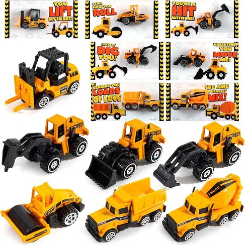 JOYIN 28 Pack Valentines Party Gift Cards with Mini Construction Vehicle Toy Set for Kids Valentine's Classroom Exchange Prizes in Kuwait
