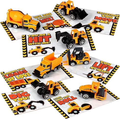 JOYIN 28 Pack Valentines Party Gift Cards with Mini Construction Vehicle Toy Set for Kids Valentine's Classroom Exchange Prizes in Kuwait