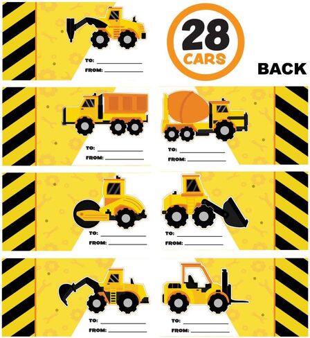 JOYIN 28 Pack Valentines Party Gift Cards with Mini Construction Vehicle Toy Set for Kids Valentine's Classroom Exchange Prizes in Kuwait
