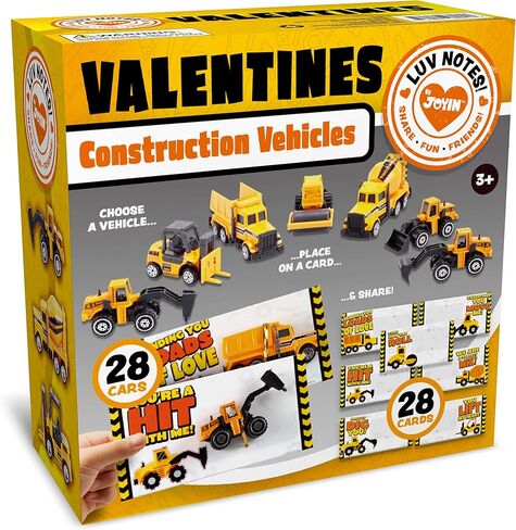 JOYIN 28 Pack Valentines Party Gift Cards with Mini Construction Vehicle Toy Set for Kids Valentine's Classroom Exchange Prizes in Kuwait