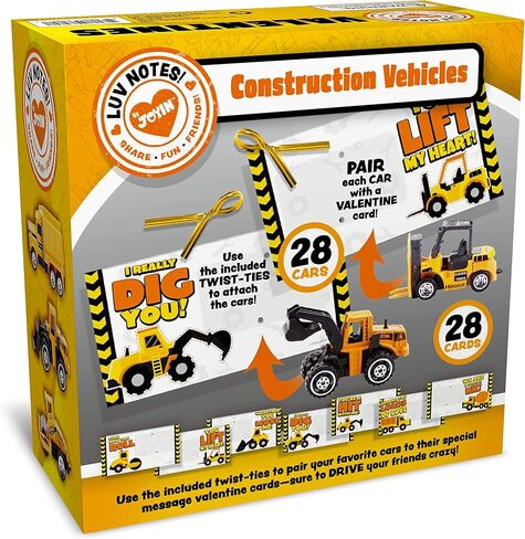 JOYIN 28 Pack Valentines Party Gift Cards with Mini Construction Vehicle Toy Set for Kids Valentine's Classroom Exchange Prizes in Kuwait