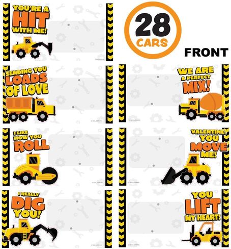 JOYIN 28 Pack Valentines Party Gift Cards with Mini Construction Vehicle Toy Set for Kids Valentine's Classroom Exchange Prizes in Kuwait