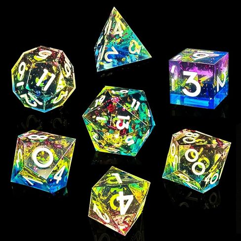 Haomeja Resin DND Set D & D 7 PCS راتنجات حادة الحافة تلعب نرد مع حقيبة نرد العين التنين ، وأبرز الأبراج ، و Dragons DICE D12 D10 D8 D6 D6 (Blue Yellow & Number) in Kuwait