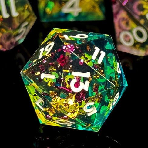 Haomeja Resin DND Set D & D 7 PCS راتنجات حادة الحافة تلعب نرد مع حقيبة نرد العين التنين ، وأبرز الأبراج ، و Dragons DICE D12 D10 D8 D6 D6 (Blue Yellow & Number) in Kuwait