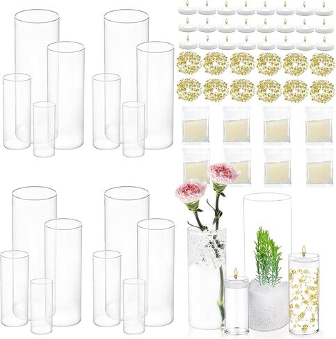 UDU 16 مجموعة من المزهريات الأسطوانة الزجاجية للقطاعات المركزية مع 80000 حبات المياه الصافية 24 شموع عائمة بيضاء 12 لؤلؤة سلسلة المركز الديكور لجدول الطاولة حفل زفاف المنزل in Kuwait