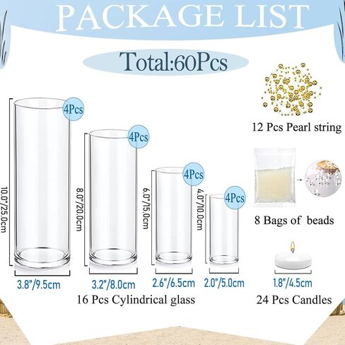 UDU 16 مجموعة من المزهريات الأسطوانة الزجاجية للقطاعات المركزية مع 80000 حبات المياه الصافية 24 شموع عائمة بيضاء 12 لؤلؤة سلسلة المركز الديكور لجدول الطاولة حفل زفاف المنزل in Kuwait