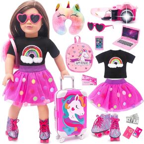 American 18 Inch Doll Accessories Doll Travel Set Including Suitcase Luggage and Dress, Camera Computer Phone Neck Pillow Sunglasses Dolls Travel Gear Play Set Gift for Birthday (NO Doll)