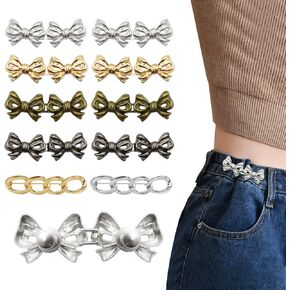 10 Set Pant Waist Tightener Bow Buttons Pins for Loose Jeans Reusable Waist Cincher Clip Metal Brooch for Clothing Dresses Skirts No Sewing Decoration Accessories