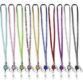 10 Pieces Rhinestone Lanyard Bling Glitter Retractable Necklace Badge Reel Lanyard with Safety Clasp Crystal ID Badge Keychain Holder for Women Key Id Card Name, 10 Colors