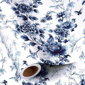 RUSPEPA Blue and White Floral Wrapping Paper Roll, Vintage Toile Wrapping Paper for Birthday, Anniversaries, Wedding, Bridal Shower - 17 Inches x 16.4 Feet