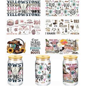 UV DTF Glass Mug Transfer Stickers, 6 Cowboy Themed Mug Transfer Craft Stickers, UV DTF Transfer Waterproof Stickers for 16 oz Libbey Glasses, Furniture Crafts Woodworking DIY
