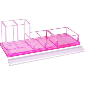 Acrylic Desk Organizer 4-Piece Desk Kit + Free Complimentary Acrylic Ruler, Desktop Organization for Office or Home，Rose Red
