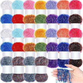 32 Skeins Yarn for Scrubbies 2624 Yard Colorful Sparkly Bilateral Assorted Polyester Rainbow Crochet Soft Crochet Yarn Craft Kit, 82 Yards Each