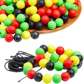 120 PCS + Elastic Cord Silicone Beads Kit - 12mm Eco-Friendly Mixed Colors (Yellow, Green, Black, Red) for DIY Keychains, Bracelets, Necklaces - Rasta Beads Craft Set with 5m Elastic Cord.