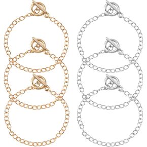 OIIKI 6 PCS Bracelet Chains for Jewelry Making, Gold Plated Link Chain Bracelets, Alloy Chains with OT Buckle for Women DIY