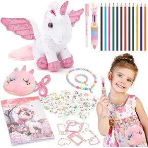 deAO Stuffed Animals Toys for 3 4 5 6 7 8 Year Old Girls, Soft Plush Toys Set with Coloring Book,Necklace & Bracelet,DIY Journal Painting Kit Gifts for Girls Birthday Xmas