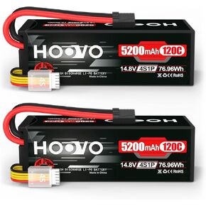 HOOVO 4S Lipo Battery 14.8V 120C 5200mAh RC Car Battery Hard Case with TR Plug Compatible for 1/8 and 1/10 RC Car Buggy Truggy Truck Slash 4X4 Crawler Monster 2 Pack