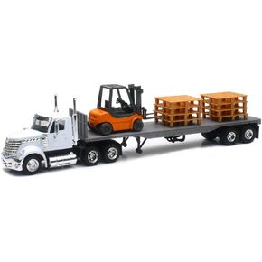 New Ray New 1:43 NEWRAY Truck & Trailer Collection - White Long HAUL Trucker International Lonestar Flatbed with Forklift and PALLETS Diecast Model Toys