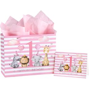 WRAPAHOLIC 13" Large 1st Baby Girl Birthday Gift Bag with Card and Tissue Paper - Baby Pink Adorable Jungle Animal Design for Kids Girls Birthday