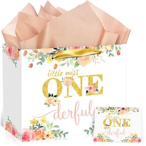 Baby Girl 1st Birthday Gift Bag Little Miss Onederful Gift Bag with Greeting Card and Tissue Papers Floral One Birthday Wrapping Paper Bag for Girls Newborn Baby Shower Christmas First Birthday Party