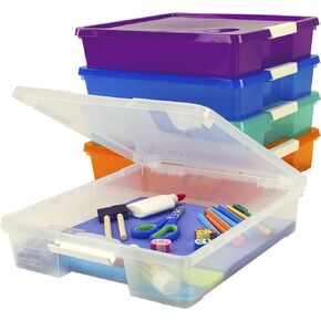 Storex Classroom Project Box – Stacking Plastic Organizer Fits 12x12 Scrapbooking Paper, Assorted Colors, 5-Pack (63202F05C)