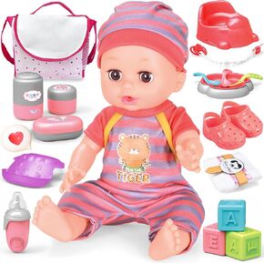 Baby Doll Care Set, 14'' Realistic Doll with Baby Doll Accessories Playset Includes Baby Doll Diaper Bag, Feeding Set, Toddler Pretend Play Toys for 3+ Years Old Kids Girls