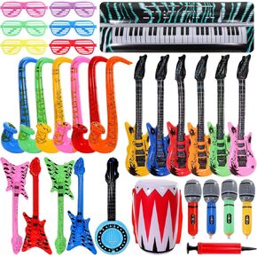 30 Pcs Inflatable Rock Star Toy Set,Inflatable Instruments Party Props,Inflatable Guitar,Inflatable Microphone,Inflatable Piano,Inflatable Saxophone Drum,Rock and Roll Party Decorations