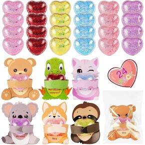 24Pack Valentines Day Gifts for Kids Boys Girls, Valentines Day Cards with Heart Shape Squishy Toys for Kids School Classroom Prizes Exchange Gifts