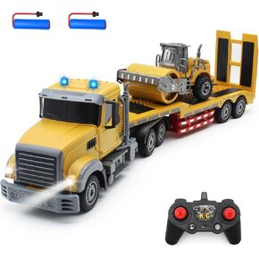 RC Semi Truck, Remote Control Semi Truck and Trailer Toy 22.5 Inch, 2.4Ghz Semi Truck Toy with Sound and Lights Road Roller Model, 1/24 RC Construction Vehicles Toy for Adults & Kids Boys