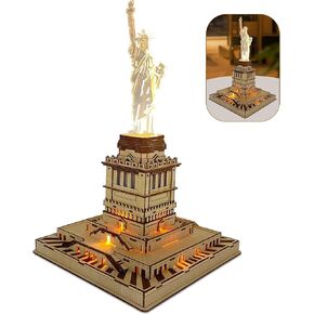 3D Wooden Puzzle for Adults - Statue of Liberty Wood Puzzle Modle Kits with USB LED Light, DIY Architecture Building Craft Toy Set Brain Teaser Gifts for Kids & Teens (147PCS)