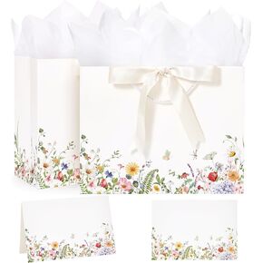 Crisky 2 Pack Wildflower Gift Bag with Tissue Paper and Cards for Wedding, Bridal Shower, Engagement, Bachelorette, Birthday, Tea Party