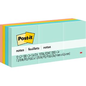 Post-it Notes, 1 3/8 in x 1 7/8 in, 12 Sticky Note Pads, 100 Sheets per Pad, Beachside Café Collection, School Supplies and Office Products