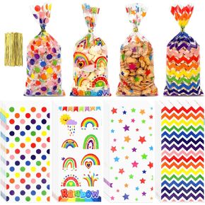 Rainbow Cellophane Treat Bags, 50 PCS Colorful Plastic Gift Bags, Star Polka Dot Stripes Printed Candy Cookies Goodie Snack Bags with Twist Ties for Valentine's Day Kids Birthday Party Favor Supplies