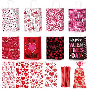 Tatuo 32 Pcs Valentines Day Gift Bags Valentines Kraft Paper Bags with Tissue Paper Heart Shaped Treat Goodies Bag for Wedding Holiday Party Gift Giving Classroom Exchange Prizes(Sweet)