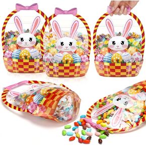 FUUTREO 50 PCS Easter Gift Facs Clear Easter Bunny Sealing Pouches with Handles Happy Easter Plastic Bass Easter Hunt Fafor
