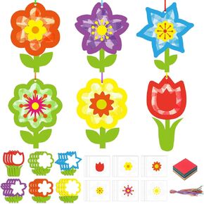 24 Sets Spring Flower Crafts Set Suncatcher Tissue Paper Crafts Kit DIY Spring Party Decor Make Your Own Flower Hanging Ornaments for Home Fun Mother's Day Activities