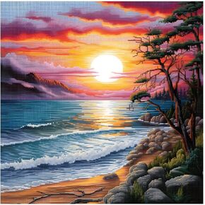 Xinpinzhou Seaside Landscape 11ct Cross Stitch Kits, 11 CT Funny Pre Printed Counted Stamped Cross Stitch Embroidery Needlepoint Patterns Kits for Beginners Adults Crossstitch 40x40 cm