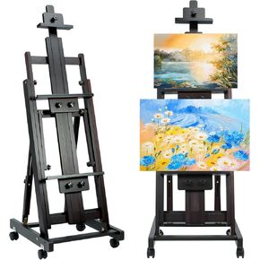 QWORK Beech Wood Multi-Function H-Frame Studio Easel, Adjustable Height (57" to 90") and Angle with Dual Canvas Support, Wheels, and Simple Assembly