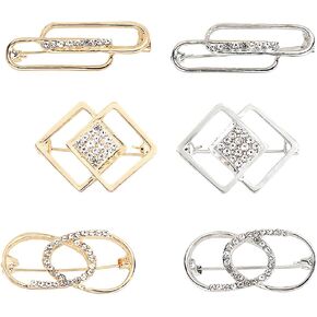 6pcs Rhinestone Brooch Pins Mini Geometric Shapes Lapel Pin Safety Pins Pant Waist Tightener Hat Pins Clothes Pins Sweater Shawl Hat Clip for Decoration (Golden Silver)