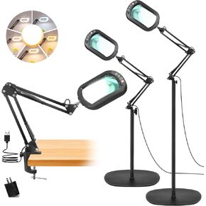 10X Magnifying Glass with Light and Stand, 3-in-1 Magnifying Floor Lamp with Clamp, 5 Color Modes LED Dimmable Standing Magnifier with Light Hands Free for Close Work, Sewing, Painting, Reading