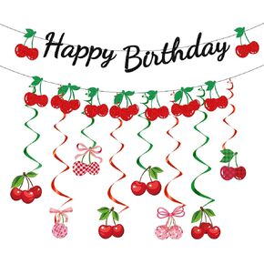 Cherry Birthday Party Decorations - 10 Pcs Sweet Cherry Decor for Girls Glitter Cherry Themed Happy Birthday Banner Garland Hanging Swirls Decorations Cherries Decor Party Favors