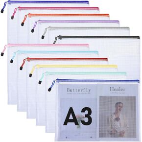 Extra Large Mesh Zipper Pouch Bags Puzzle Storage Bags A3 17x12 Inches Reusable Zipper Pouches Waterproof 12 Colors File Bags for Office Supplies Puzzles Board Game Storage and Organization
