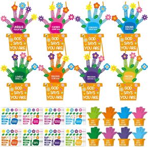 chunnin 24 مجموعة مجموعة حرفة دينية God God God You Handprint Flower Craft Kit للأطفال تصنع ملصقات أدوات زهرة مسيحية خاصة بك.