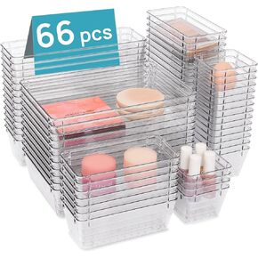 Vtopmart 66 PCS Clear Plastic Drawer Organizer Bins, 4-Size Versatile Bathroom and Vanity Organizer Trays, Acrylic Storage Containers for Makeup, Jewelry, Toiletry, Kitchen Utensils and Office Supply