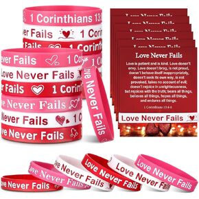 30 Sets/ 60 Pcs Religious Valentines Wristbands with Bible Verse Cards Love Never Fails Christian Religious Gift Vbs 1 Corinthians 13: 8 Wristbands for Valentines Bible School Party Favor