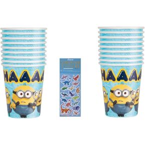 Unique Despicable Me Birthday Party Supplies Bundle includes 16 Party Paper Cups and 1 Dinosaur Sticker Sheet