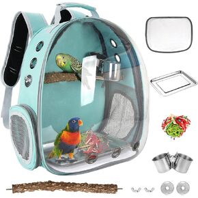 Bird Carrier Backpack Travel Cage with Perch, Breathable Clear Parrot Cockatiel Cage with Toy Stainless Steel Food Bowl Tray for Conures Parakeet Budgie Canary Lovebirds, Small Animal Pet Carrier Bag