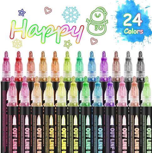 Double Line Outline Markers 24 Colors Super Squiggles Glitter Markers Self Outline Metallic Markers, Doodle Shimmer Markers Drawing Pens for Christmas Greeting Card, Birthday Gift, DIY Art Crafts in Saudi Arabia