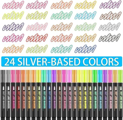 Double Line Outline Markers 24 Colors Super Squiggles Glitter Markers Self Outline Metallic Markers, Doodle Shimmer Markers Drawing Pens for Christmas Greeting Card, Birthday Gift, DIY Art Crafts in Saudi Arabia