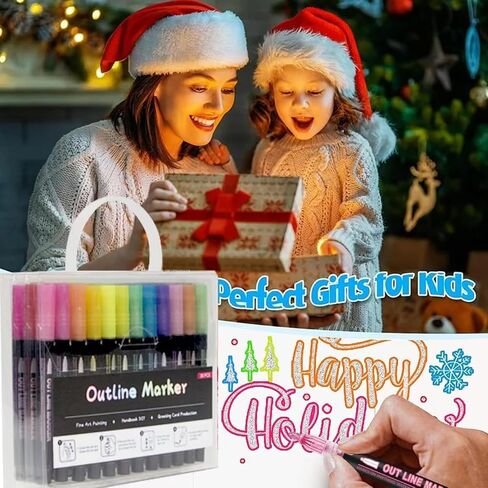 Double Line Outline Markers 24 Colors Super Squiggles Glitter Markers Self Outline Metallic Markers, Doodle Shimmer Markers Drawing Pens for Christmas Greeting Card, Birthday Gift, DIY Art Crafts in Saudi Arabia